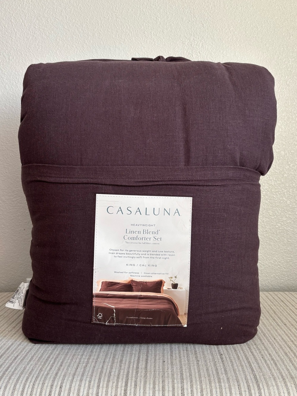 NWT King/California King Heavyweight Linen Blend Comforter and Sham Set Dark Fig